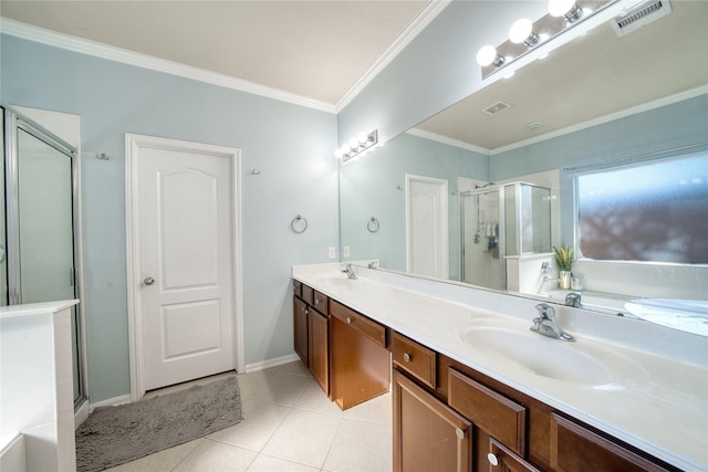 bathroom with tile patterned floors, plus walk in shower, crown molding, and vanity