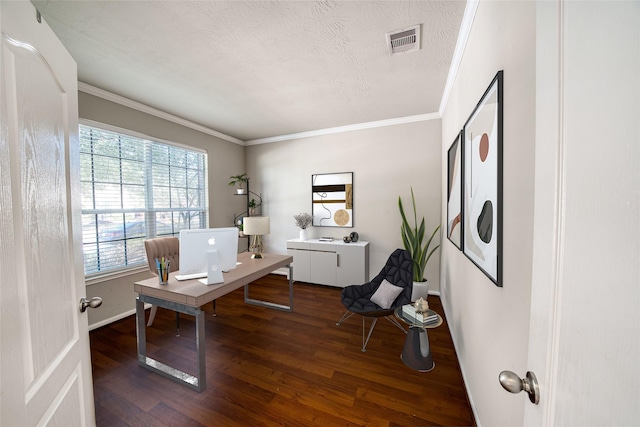 office space featuring a textured ceiling, ornamental molding, and dark hardwood / wood-style floors