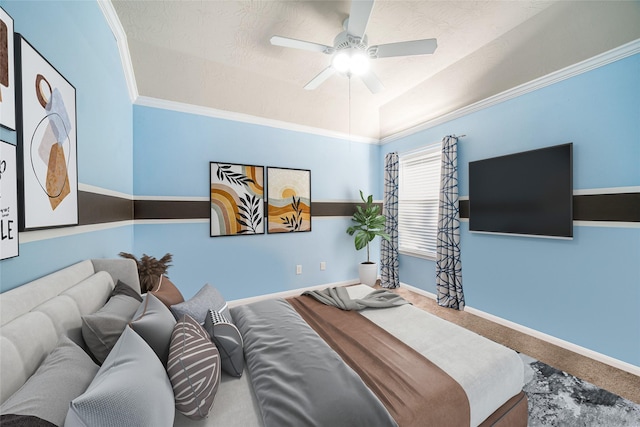 bedroom featuring vaulted ceiling, ceiling fan, crown molding, and carpet