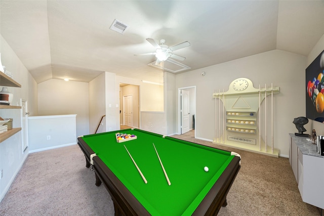 recreation room with light colored carpet, ceiling fan, vaulted ceiling, and billiards