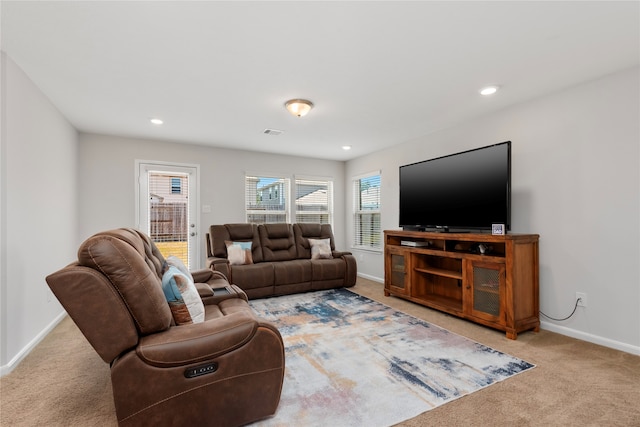 living room with light colored carpet