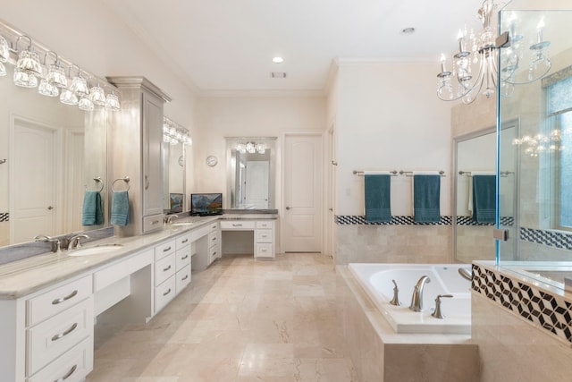 bathroom with tiled tub, crown molding, and vanity