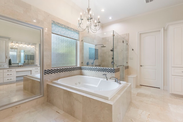 bathroom featuring vanity, ornamental molding, independent shower and bath, and a chandelier