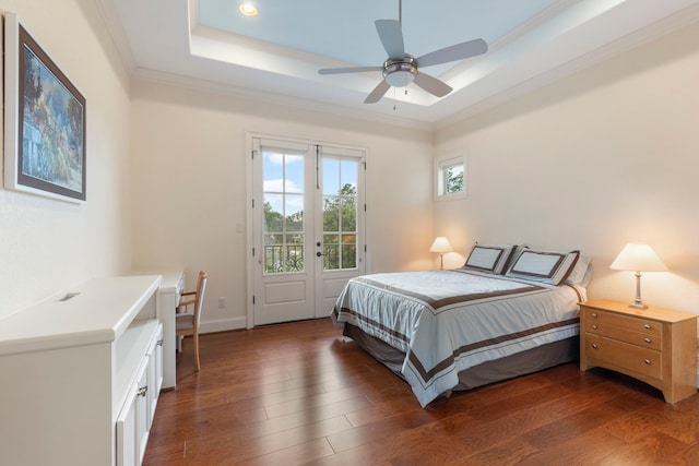 bedroom with access to outside, ceiling fan, crown molding, and dark hardwood / wood-style floors