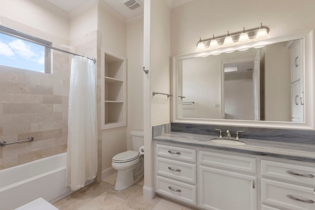 full bathroom with toilet, shower / tub combo with curtain, vanity, and ornamental molding