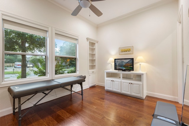 interior space with crown molding, ceiling fan, and dark hardwood / wood-style floors