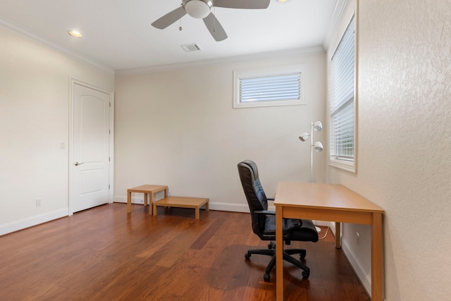 unfurnished office with dark hardwood / wood-style floors, ceiling fan, and crown molding