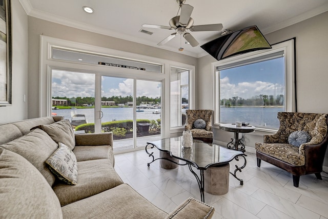 living room featuring a water view, ceiling fan, and crown molding