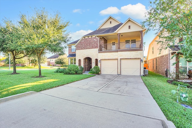 view of front of home featuring a garage, central AC, a balcony, and a front yard