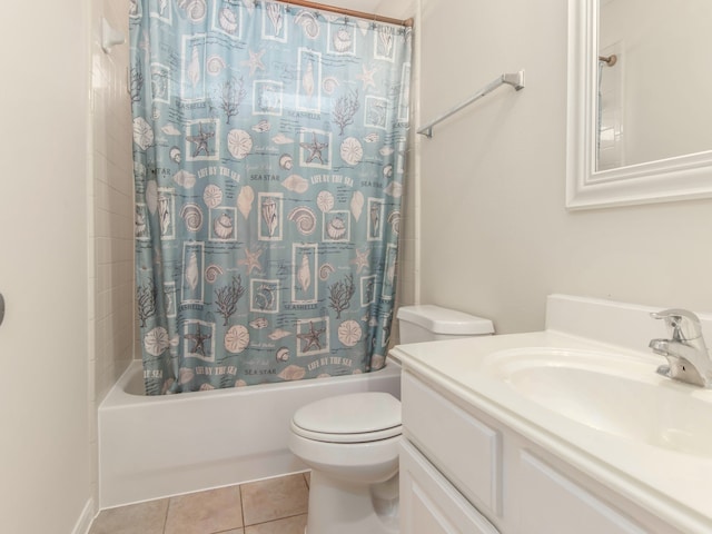 full bathroom featuring vanity, tile patterned flooring, shower / bathtub combination with curtain, and toilet