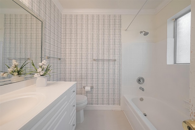 2121 Fountain View Dr Unit 22, Houston, TX 77057 - bathroom featuring vanity, toilet, shower / bath combination, tile patterned floors, and ornamental molding