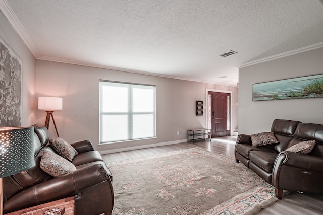 living room with wood-type flooring, a textured ceiling, and ornamental molding