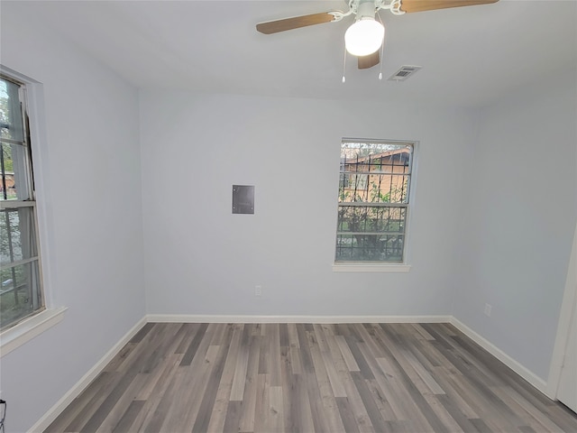 unfurnished room with wood-type flooring and ceiling fan