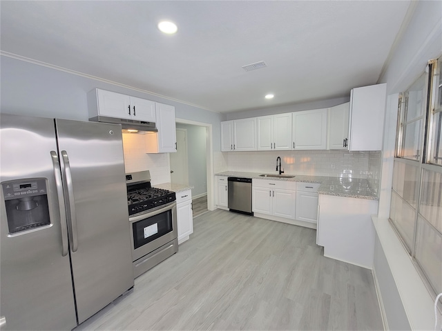 kitchen featuring white cabinetry, sink, stainless steel appliances, light hardwood / wood-style flooring, and decorative backsplash