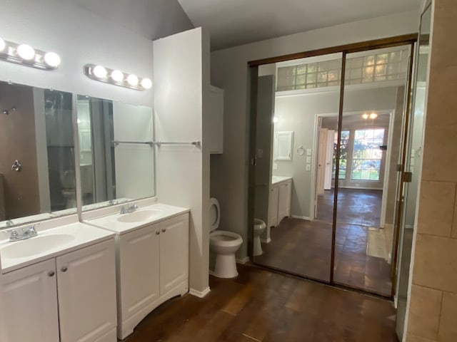 bathroom with vanity, wood-type flooring, and toilet