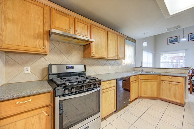 kitchen featuring sink, black dishwasher, stainless steel range with gas cooktop, backsplash, and light tile patterned floors