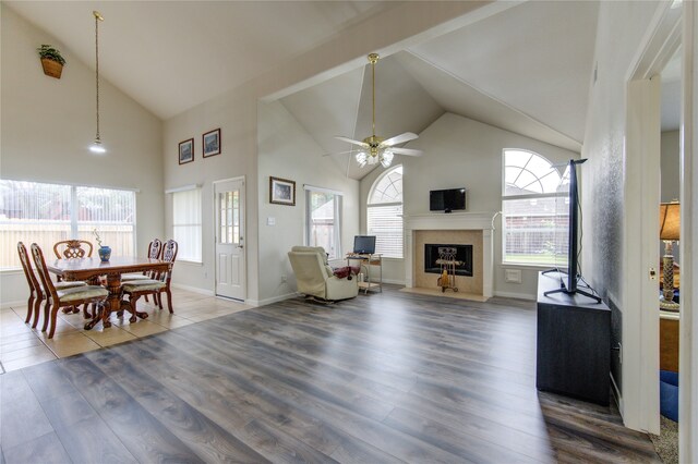 living room with hardwood / wood-style flooring, plenty of natural light, and high vaulted ceiling