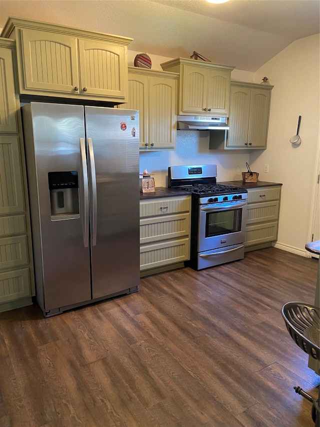 kitchen featuring dark wood-type flooring, stainless steel appliances, and vaulted ceiling