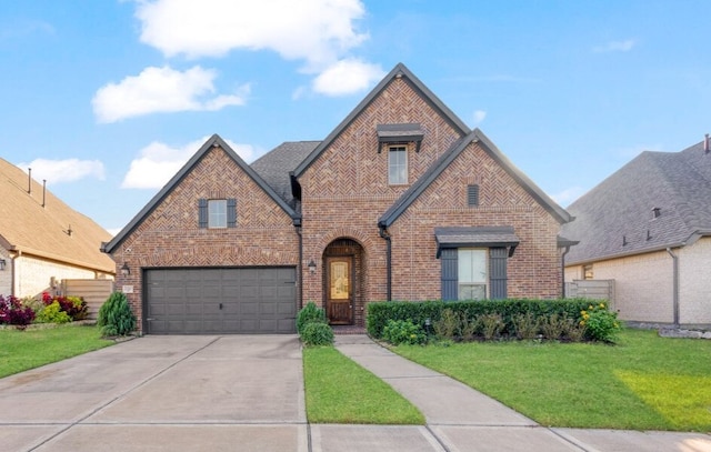 tudor-style house with a front lawn and a garage