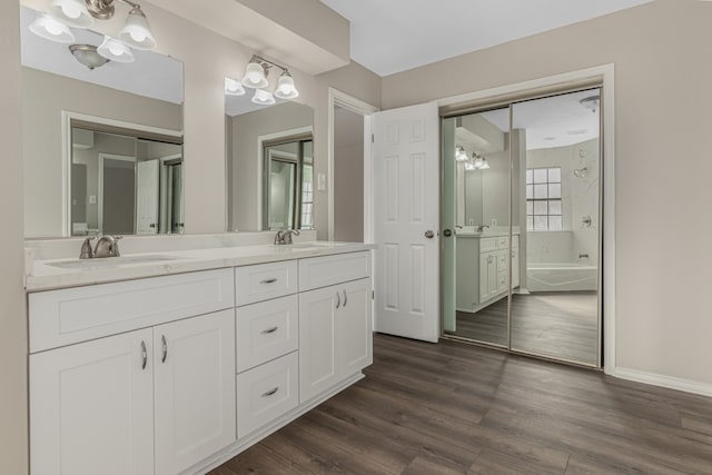 bathroom featuring a bathing tub, vanity, and wood-type flooring