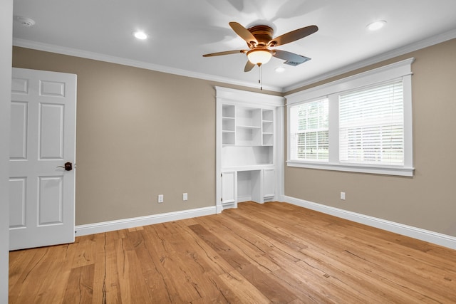 unfurnished bedroom with light wood-type flooring, ceiling fan, and crown molding