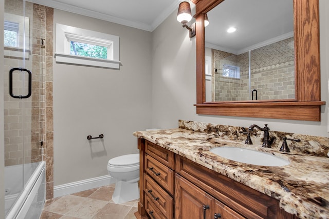 full bathroom with vanity, toilet, ornamental molding, and bath / shower combo with glass door