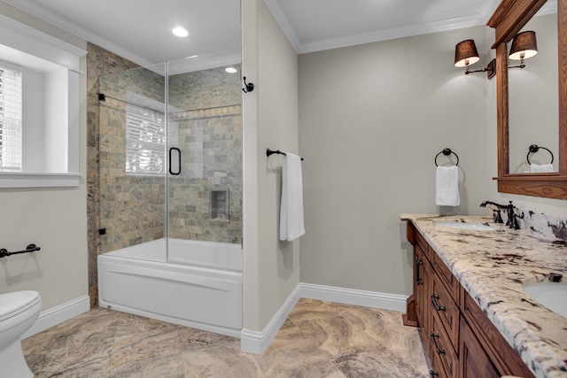 full bathroom with toilet, vanity, bath / shower combo with glass door, and ornamental molding