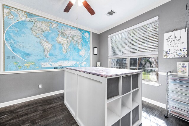 interior space featuring plenty of natural light, dark hardwood / wood-style floors, and ornamental molding