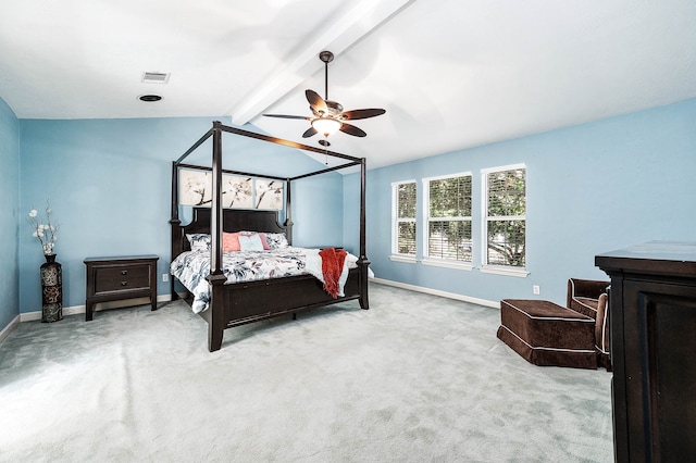 bedroom with ceiling fan, lofted ceiling with beams, and light colored carpet