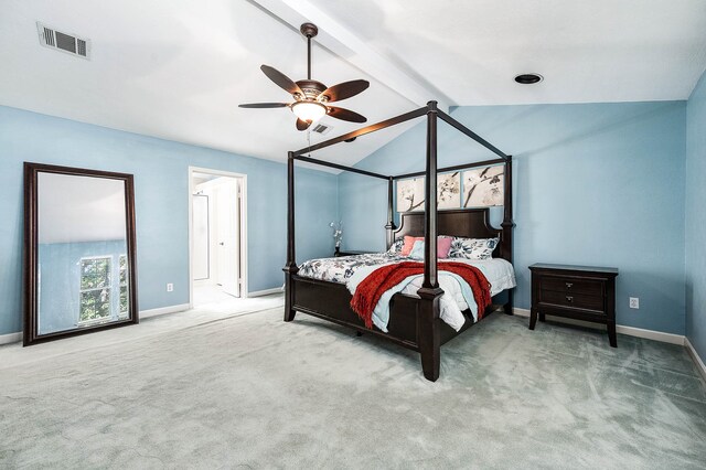 bedroom with vaulted ceiling with beams, ceiling fan, and carpet