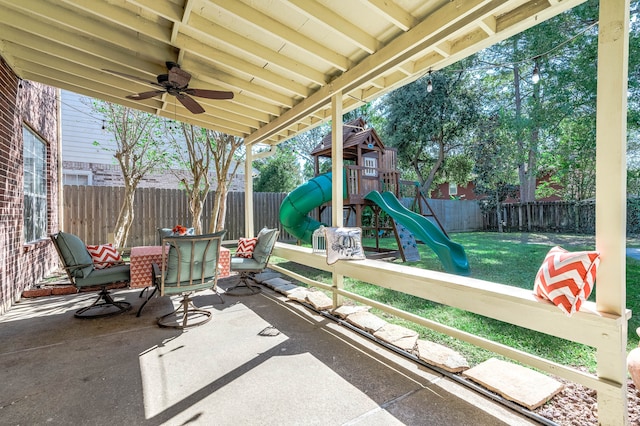 view of patio featuring a playground