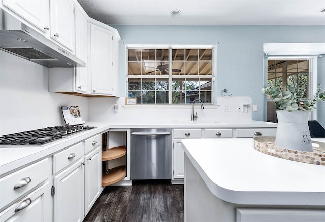 kitchen with stainless steel appliances, white cabinetry, dark wood-type flooring, and sink