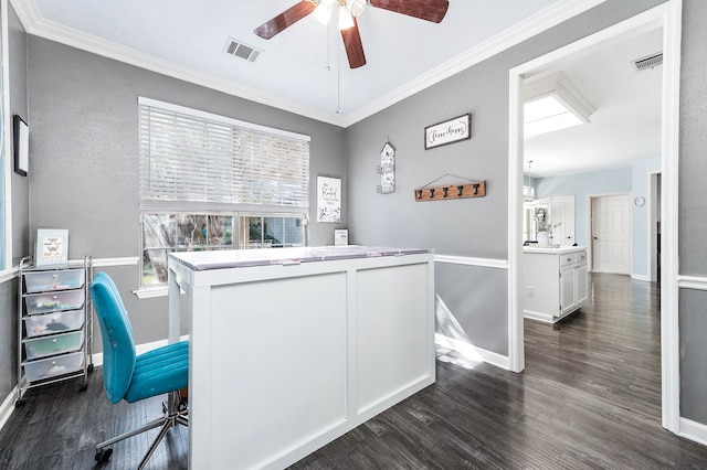 office featuring ceiling fan, dark hardwood / wood-style floors, and ornamental molding