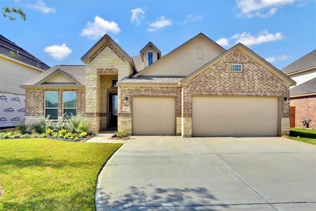 view of front facade with a garage and a front lawn