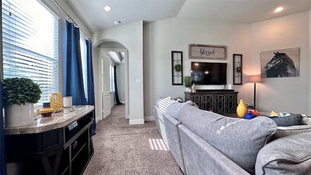 living room with light colored carpet and lofted ceiling