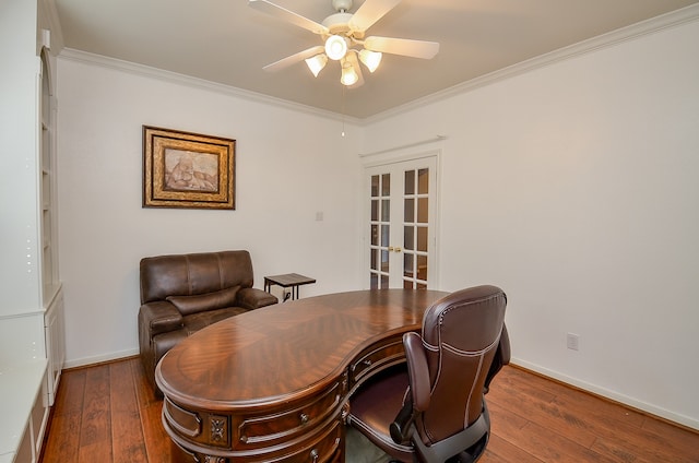 office space with french doors, dark hardwood / wood-style floors, ceiling fan, and crown molding