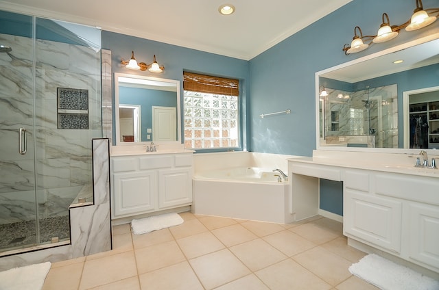 bathroom with vanity, tile patterned floors, independent shower and bath, and crown molding