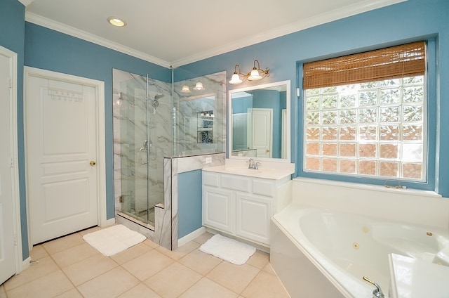 bathroom with tile patterned floors, crown molding, vanity, and independent shower and bath