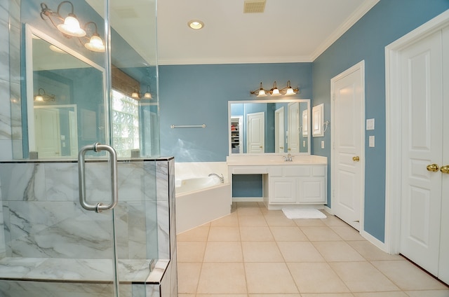 bathroom with tile patterned flooring, ornamental molding, and plus walk in shower