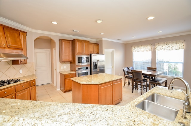 kitchen featuring stainless steel appliances, extractor fan, tasteful backsplash, and sink