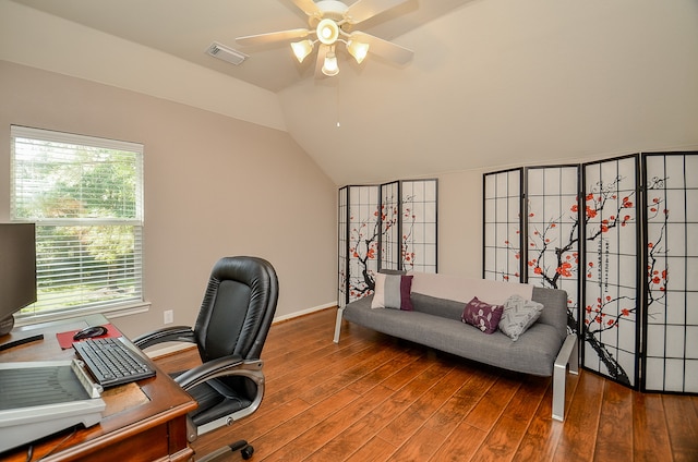 office with hardwood / wood-style flooring, ceiling fan, and vaulted ceiling