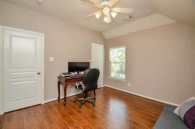 office area featuring hardwood / wood-style flooring, vaulted ceiling, and ceiling fan