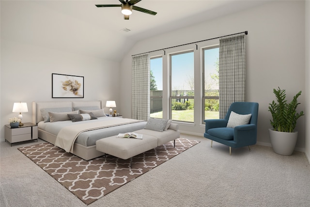 carpeted bedroom with ceiling fan and vaulted ceiling