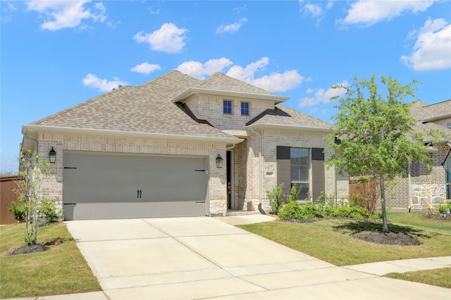 view of front of house with a garage and a front lawn