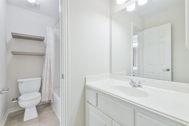 full bathroom with vanity, tile patterned floors, shower / bath combination with curtain, and toilet