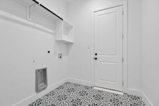 washroom with electric dryer hookup, hookup for a gas dryer, baseboards, hookup for a washing machine, and laundry area