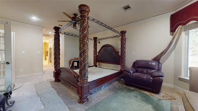 bedroom with ceiling fan and crown molding