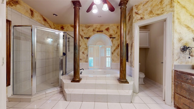 full bathroom with tile patterned flooring, vanity, toilet, and plus walk in shower