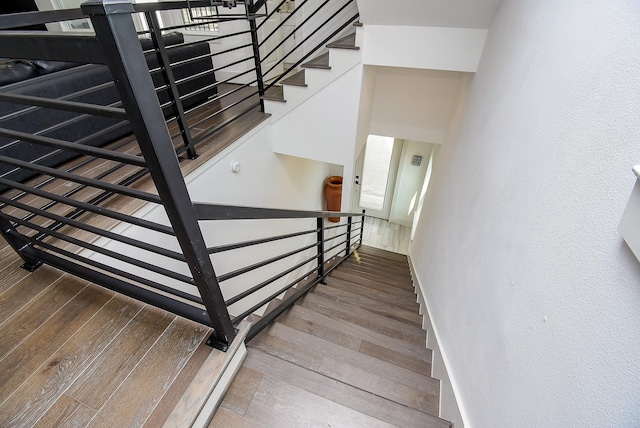 stairway with a towering ceiling and hardwood / wood-style floors