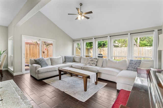 living room with ceiling fan, dark hardwood / wood-style flooring, high vaulted ceiling, and beamed ceiling